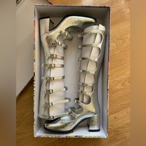 Jeffrey Campbell Monsieur Silver Knee High Square Toe Boot 8.5 New with Box